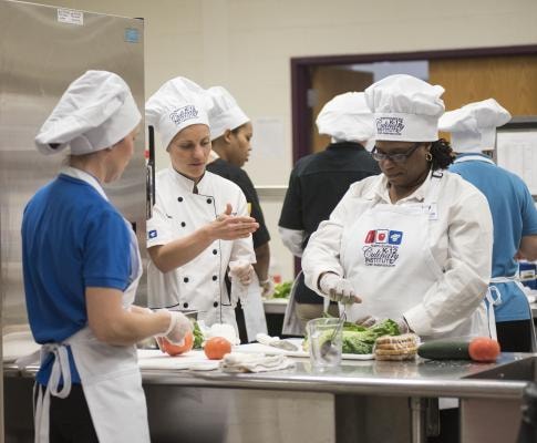 Culinary students working together in a kitchen